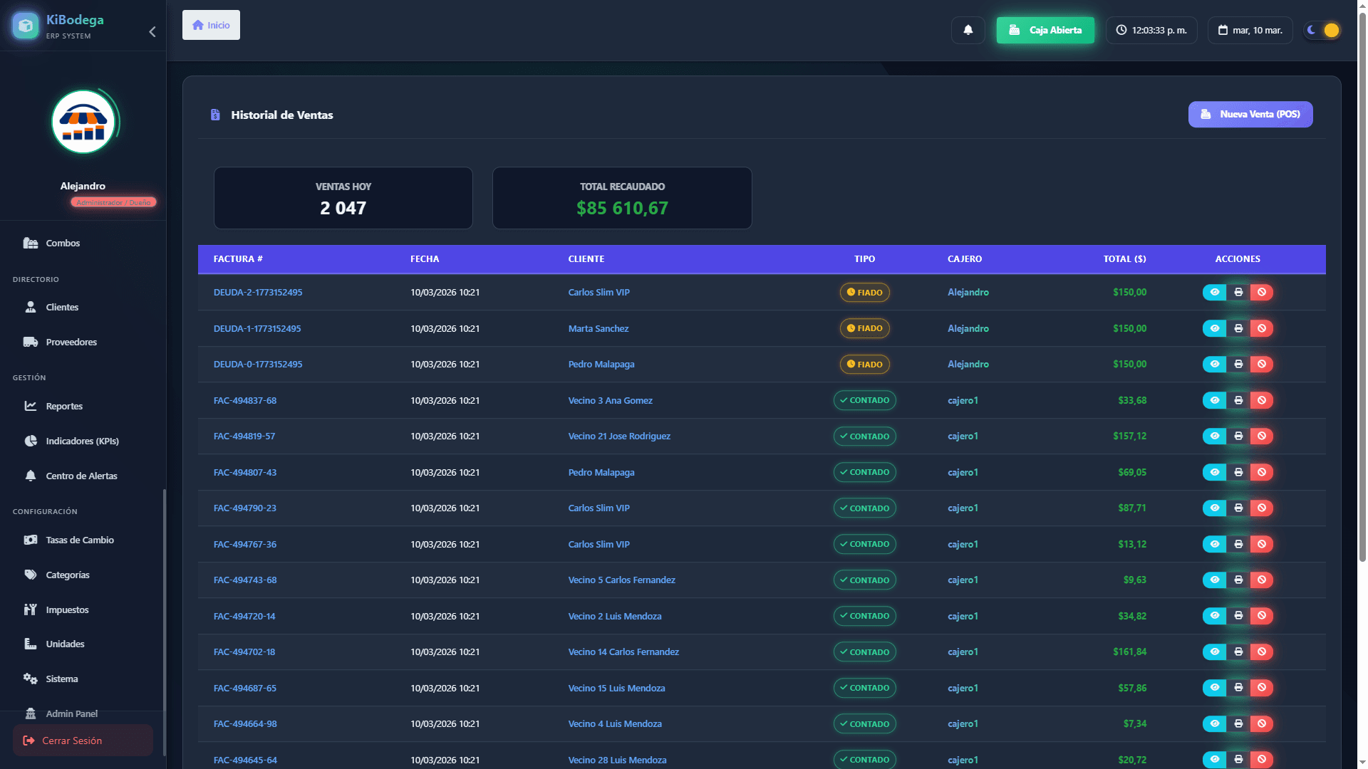 Vista del historial de transacciones e inventario en KiBodega